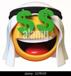 Reiche arabische Emoji isoliert auf weißem Hintergrund, Dollar Augen arabischen Emoticon 3d-Rendering Stockfoto