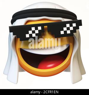 Arabisches Emoji mit 'Deal with it' Brille isoliert auf weißem Hintergrund, lächelndes arabisches Gesicht Emoticon 3d-Rendering Stockfoto