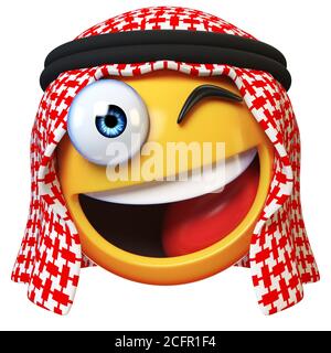 Zwinkerndes arabisches Emoji isoliert auf weißem Hintergrund, lächelndes arabisches zwinkerndes Gesicht Emoticon 3d-Rendering Stockfoto