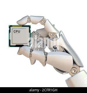 Roboter Hand halten Prozessor-Chip, künstliche Intelligenz Konzept, bionische Gehirn 3d-Rendering Stockfoto