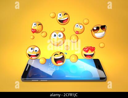 Emojis rund um Handy, Smartphone-Messaging mit Emoticons 3d-Rendering Stockfoto