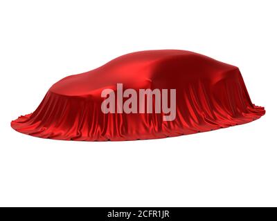 Neue Auto-Präsentation, Modell offenbaren, versteckt unter rotem Deckel, isoliert auf weißem Hintergrund, 3d-Rendering Stockfoto