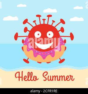 Hallo Sommer. Red Cartoon Coronavirus Bakterien in Donut Schwimmkreis am Strand. Vektorgrafik. Stock Vektor