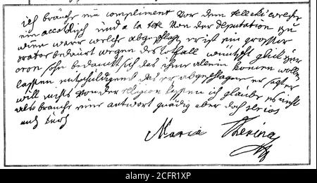 Schreiben Kaiserin Maria Theresia an den Staatskanzler Wenzel Anton Graf Kaunitz-Rietberg, 1764 Reichsfürst Kaunitz-Rietberg / Schreiben von Kaiserin Maria Theresia an den Staatskanzler Wenzel Anton Graf Kaunitz-Rietberg, ab 1764 Reichsfürst von Kaunitz-Rietberg, Historisch, historisch, Digitale verbesserte Reproduktion eines Originals aus dem 19. Jahrhundert / digitale Reproduktion einer Originalvorlage aus dem 19. Jahrhundert, Stockfoto