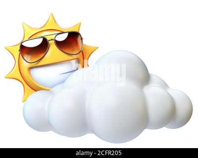 Wetter-Symbol sonnig mit Wolken, Sonne Emoji mit Cartoon Cloud 3d-Rendering Stockfoto