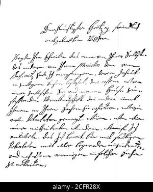 Brief Petri des Großen, 9. Juni 1672 - 8. Februar 1725, Zar und Großherzog von Russland, an Herzog Carl Friedrich von Schleswig-Holstein-Gottorf über den Plan einer Ehe mit der zweiten Tochter des Kaisers Anna Petrovna, Seite 1 / Brief von Peter der große, 9. Juni 1672 - 8. Februar 1725, ZAR und Großfürst von Russland, an den Herzog Carl Friedrich von Schleswig-Holstein-Gottorf betrifft dem Plan einer Vermählung mit des Kaisers zweiter Tochter Anna Petrowna, Seite 1, Historisch, historisch, digital verbesserte Reproduktion eines Originals aus dem 19. Jahrhundert / digitale Reproduktion Stockfoto