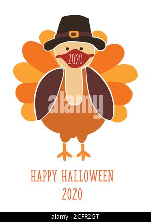 Thanksgiving 2020 Grußkarte Vorlage. Vollständig editierbare Vektordarstellung. Türkei trägt eine Gesichtsmaske. Bleiben Sie zu Hause, sozial distanzierende Design. Flyer Stock Vektor