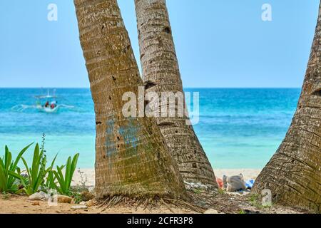 Boracay, Philippinen - 29. Januar 2020: Weißer Strand der Insel Boracay. Touristen gehen am Strand entlang und schwimmen im Meer. Einige Tage vor dem Ausbruch Stockfoto