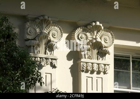 Ammonite Hauptstädte auf einem Gebäude entworfen vom Architekten Amon Wilds, in Richmond Terrace, Brighton. Stockfoto