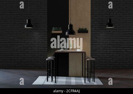 3d-Rendering von Luxus-Loft-Stil Café mit schwarzen Ziegeln Wand- und Hängelampen für Industrieanwendungen Stockfoto