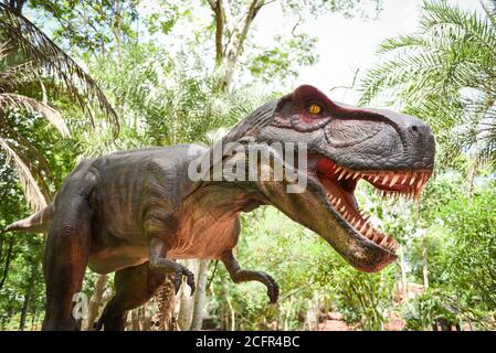 8. August 2020 Nong Bua Lam Phu Thailand : Dinosaurier-Statue im Waldpark / Tyrannosaurus rex Stockfoto