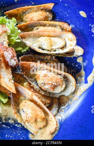 Gegrillter Muscheln Schinken Gemüse und Soße Meeresfrüchte serviert Tisch / Meeresfrüchte Meeresfrüchte Teller frische Muscheln mit Käse gebacken Abendessen Essen gekocht Stockfoto