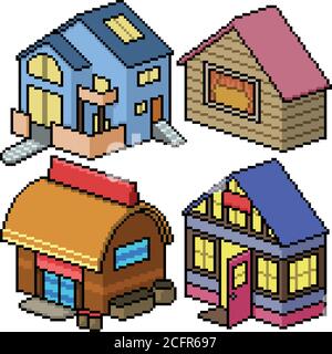 Pixel Art Set isoliert gemütliches Haus Stock Vektor