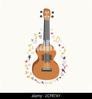 Cartoon Ukulele mit Schriftzug Text für Sommer, Musik Poster Vorlage Design. Stock Vektor