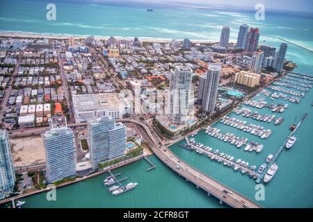 South Pointe Park und Miami Beach Wolkenkratzer, Luftaufnahme. Miami, Florida. Stockfoto