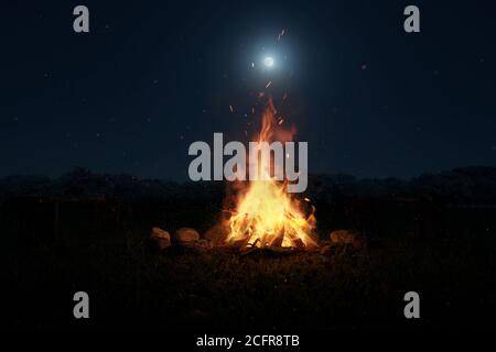 3d-Rendering von großen Lagerfeuer mit Funken und Partikeln in Vor Wald und Mondlicht Stockfoto