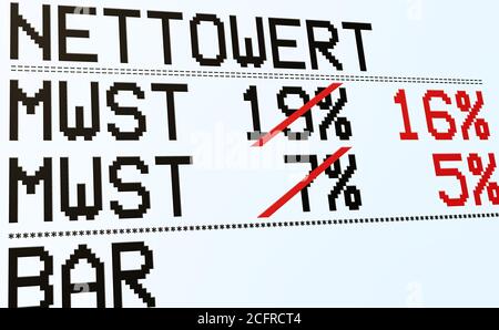 Zoll und Steuern. Steuersenkung der Mehrwertsteuer in Deutschland. Quittung oder Rechnung. Wert, MwSt. und Betrag (in Deutsch). Stockfoto