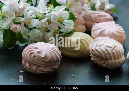 Köstliche zarte weiß-rosa Marshmallows zusammen mit einem blühenden Zweig eines Apfelbaums. Stockfoto
