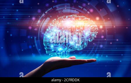 Moderne Technologien und KI. Hand demonstriert digitales Gehirn Hologramm in Schaltung Stil Stockfoto