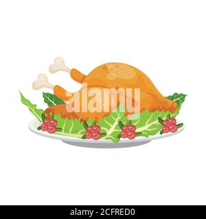 Cartoon gebratene türkei traditionelle Thanksgiving Tag Familie Abendessen Gericht mit Preiselbeeren und Salatblätter garnieren. vektor-Illustration. Stock Vektor