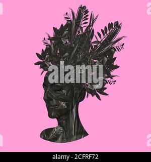 Abstrakte Frau Gesicht 3D Rendering Illustration aus schwarz tropischen gemacht Blumen und Blätter mit sitzender Motte auf Haar Visualisierung auf Rosa Hintergrund w Stockfoto