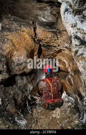 Phreatische Passage mit einem Doppeldach in einem hochgelegenen Abschnitt von Peak Cavern, Castleton, Derbyshire Stockfoto