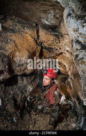 Phreatische Passage mit einem Doppeldach in einem hochgelegenen Abschnitt von Peak Cavern, Castleton, Derbyshire Stockfoto