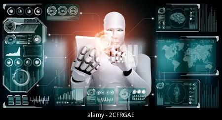 Roboter humanoid Verwenden Sie Handy oder Tablet für Big Data Analyse Stockfoto
