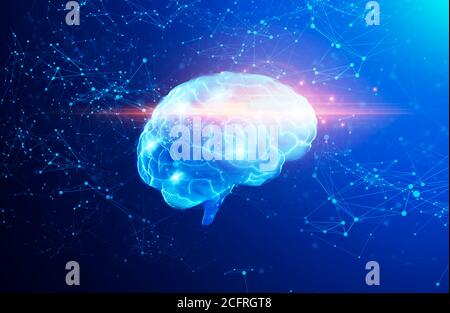 3D-Illustration des Hologramms des menschlichen Gehirns über abstraktem Hintergrund mit Polygonale Verbindungen Stockfoto