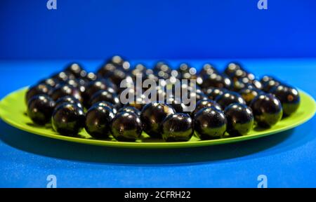 Jaboticaba Früchte (Myrciaria cauliflora) auf einem grünen Teller serviert. Blauer Hintergrund. Jabuticaba Bäume sind Bäume, die in fast allen Brazi gefunden werden können Stockfoto