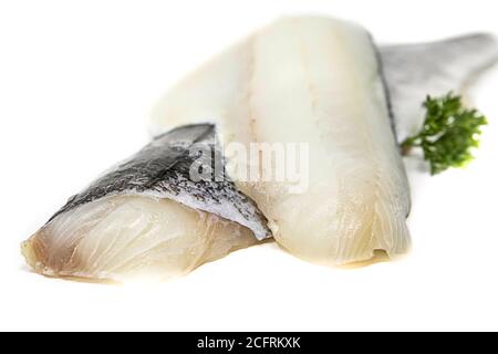 Weiße Fischfilets, isoliert auf Weiß Stockfoto