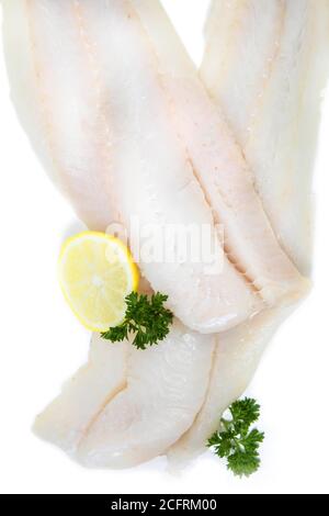 Ohne Knochen rohes Fischfilet isoliert auf weißem Hintergrund Stockfoto