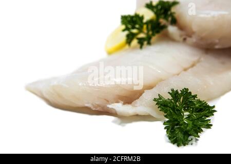 Ohne Knochen rohes Fischfilet isoliert auf weißem Hintergrund Stockfoto