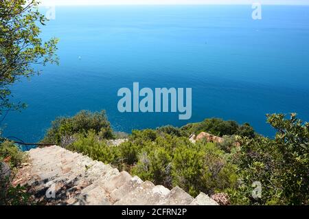 Blick auf die lange Staicase. Monesteroli. Nationalpark Cinque Terre. Provinz La Spezia. Ligurien. Italien Stockfoto