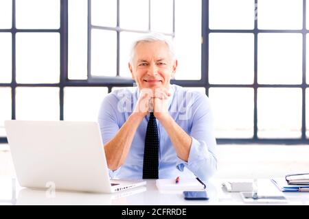 Aufnahme eines glücklichen Geschäftsmannes, der hinter seinem Laptop am Schreibtisch sitzt, während er die Kamera anschaut und lächelt. Stockfoto