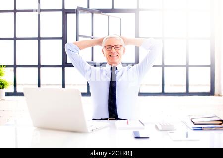 Aufnahme eines entspannten Geschäftsmannes mit Händen an der Hand, der hinter seinem Laptop am Schreibtisch sitzt, während er die Kamera anschaut und lächelt. Stockfoto