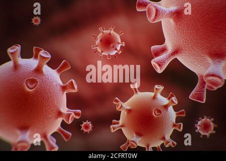 Gruppe von Coronavirus-Zellen aus der Nähe. 3d-Rendering. Stockfoto