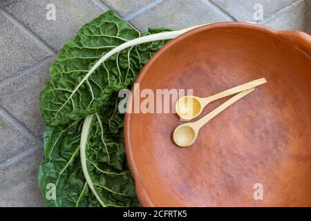 Keramikpfanne mit Stiellöffel innen, geflügelte Spinatblätter auf Fliesenboden, Studioaufnahme Stockfoto