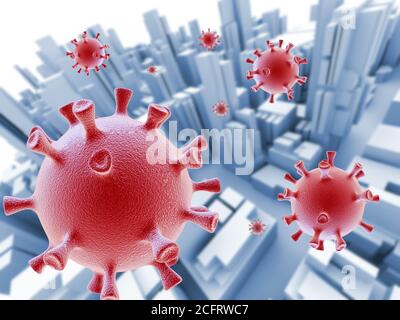 Abstrakt 3D gerendert Stadtbild unter Angriff von Coronavirus Stockfoto