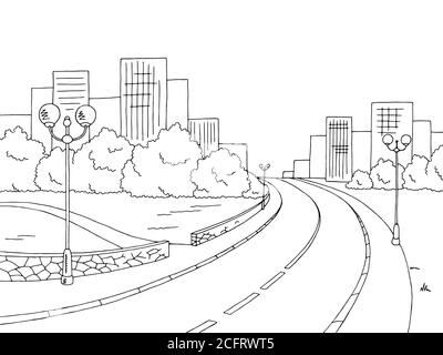 Straße Straße Grafik schwarz weiß Landschaft Skizze Illustration Vektor Stock Vektor