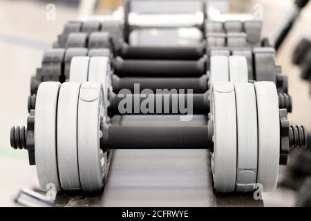 Kurzhanteln auf der Ablage im Fitnessstudio, selektiver Fokus. Konzept für Gewichtheben, Bodybuilding, Fitness-Center, Sport Stockfoto