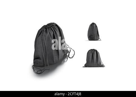 Blank schwarz Kordelzug Rucksack Nachbau, verschiedene Ansichten Stockfoto