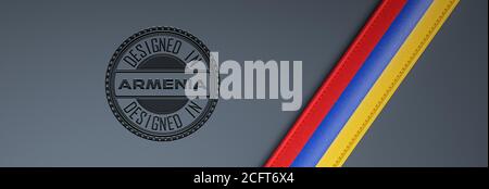 Designed in Armenia Stempel & armenische Flagge. Stockfoto