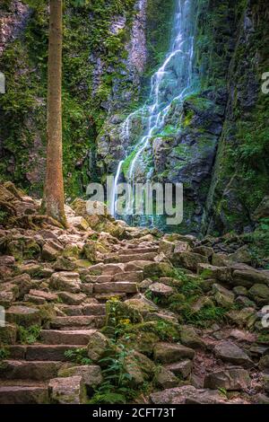 Der Burgbachwasserfall in der Nähe von Bad Rippoldsau-Schapbach im Schwarzwald hat einen Fall von 15 Metern und eine Tota Stockfoto