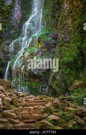 Der Burgbachwasserfall in der Nähe von Bad Rippoldsau-Schapbach im Schwarzwald hat einen Fall von 15 Metern und eine Tota Stockfoto