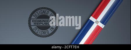 Entworfen in Dominikanische Republik Stempel & Dominikanische Flagge. Stockfoto