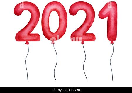 Die Zahlen 2021 sind rot auf weißem Hintergrund. Schöne Aquarellzeichnungen für die Feiertage. Nahaufnahme. Herzlichen Glückwunsch für Verwandte, Familie, Freunde a Stockfoto