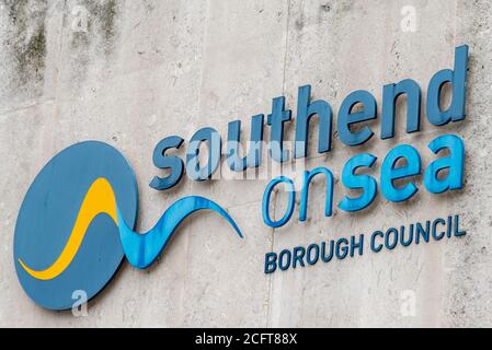 Civic Center, Southend on Sea Borough Council, Essex, Großbritannien. Logo, Symbol der Mündungsstadt, küstenstädtchen Stockfoto