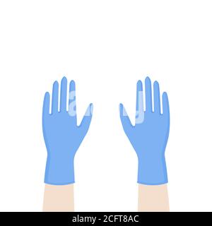 Hände oben mit blauen Nitril medizinischen Handschuhen. Persönliche Schutzausrüstung. Prävention gegen Viren, Bakterien, Grippe, Coronavirus. Konzept der Hygiene. Stock Vektor