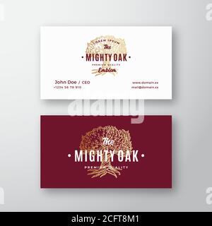 Mighty Oak Abstract Vektor Logo und Visitenkarte Vorlage. Handgezeichnete Baumskizze Silhouette mit Retro Typografie. Premium Stationär Realistisch Stock Vektor